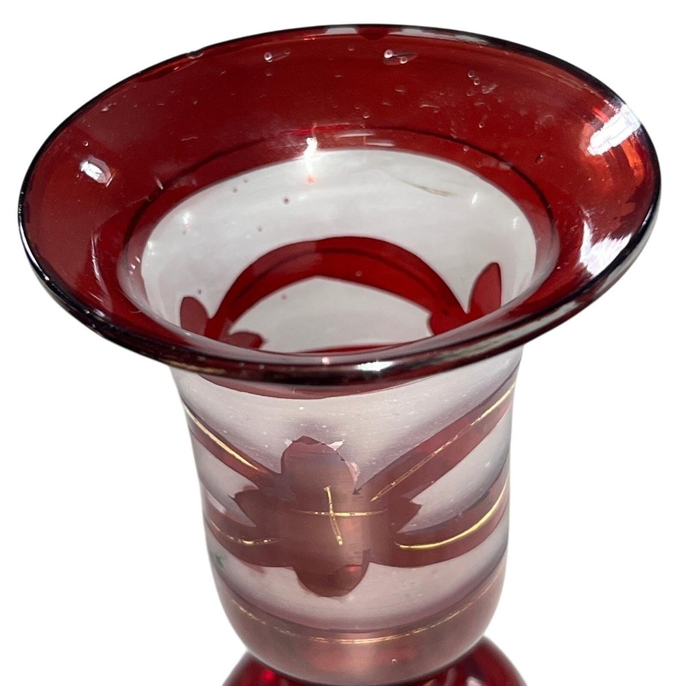 Ruby Red Bohemian Glass Vase Gold Deer and Bird Design‎ Bud Vase Decor Handblown - Picture 7 of 14